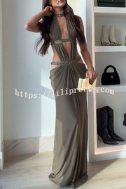 Khaki Hot-fix Rhinestone Shoulder Strap Cutout Design Backless Drape Maxi Dress
