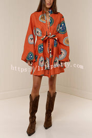 Linen Blend Unique Print Tie Waist Loose Mini Dress