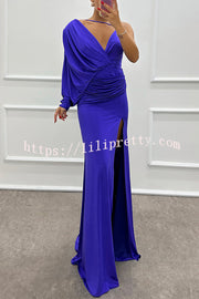 Like Venus One Shoulder Bat Sleeve Ruched Detail Slit Gown Maxi Dress