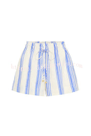 Stripe Print Lapel Long-sleeved Casual Shirt and Elastic Waist Loose Shorts Set