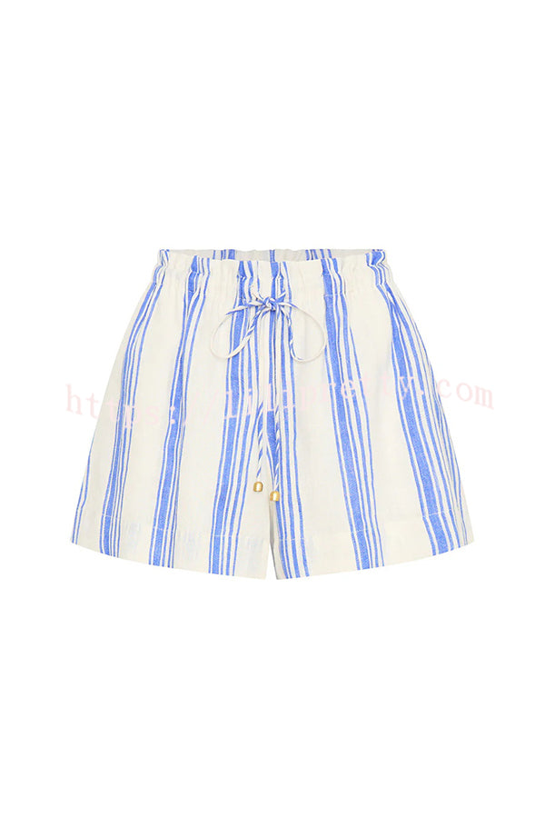 Stripe Print Lapel Long-sleeved Casual Shirt and Elastic Waist Loose Shorts Set