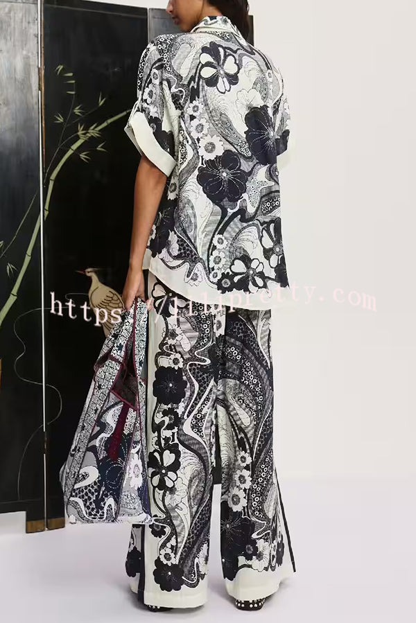 Linen Blend Lapel Short Sleeve Loose Top and Elastic Waist Casual Pocket Wide Leg Pants Set