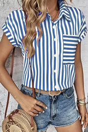 Striped Print Short Sleeve Pocket Shirt Top