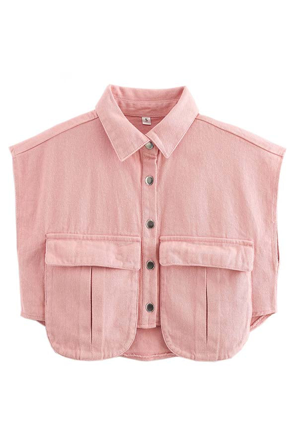 Stylish Weekend Denim Button Up Cape Sleeve Pocket Crop Top