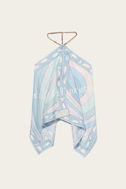 Artistic Girl Satin Unique Print Metal Chain Halter Draped Scarf Tank