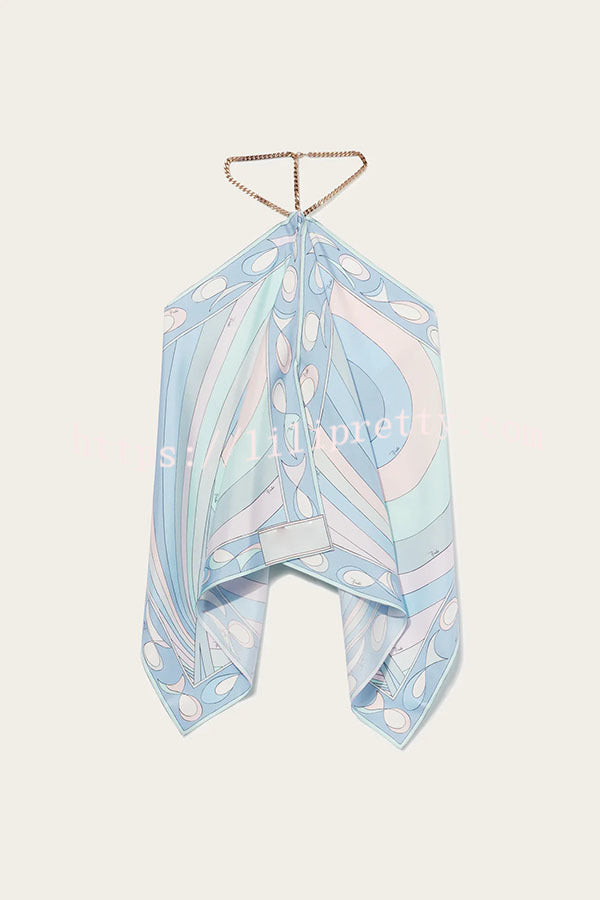 Artistic Girl Satin Unique Print Metal Chain Halter Draped Scarf Tank