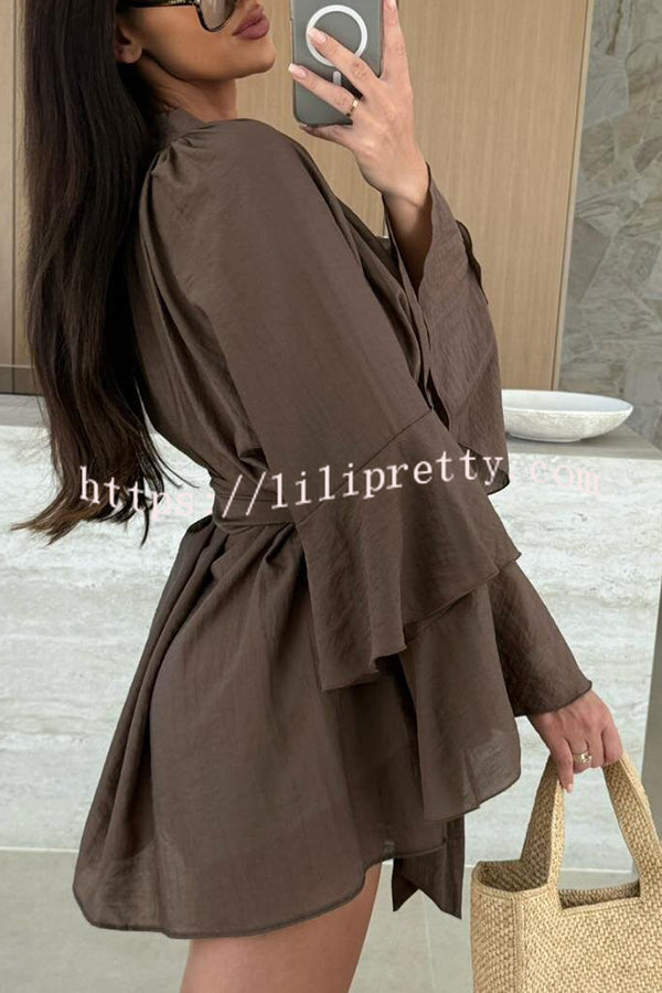Solid Color V-neck Ruffled Long Sleeve Waist Tie Mini Dress