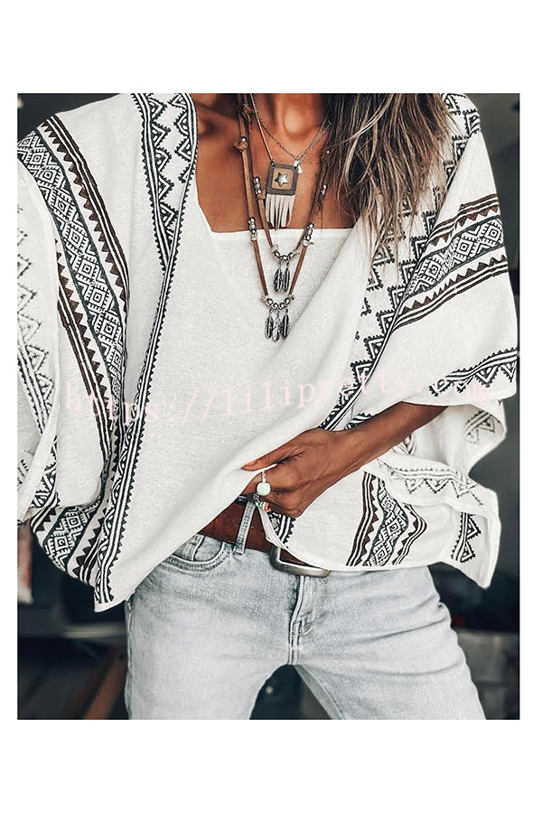 Lilipretty® Stay and Chat Linen Blend Ethnic Print Dolman Sleeve Loose Top