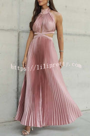 Stunning Choice Satin Pleated Halter High Neck Cutout Waist Backless Maxi Dress