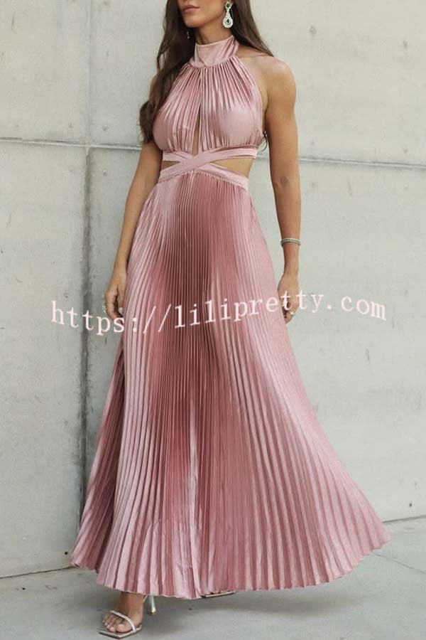 Stunning Choice Satin Pleated Halter High Neck Cutout Waist Backless Maxi Dress