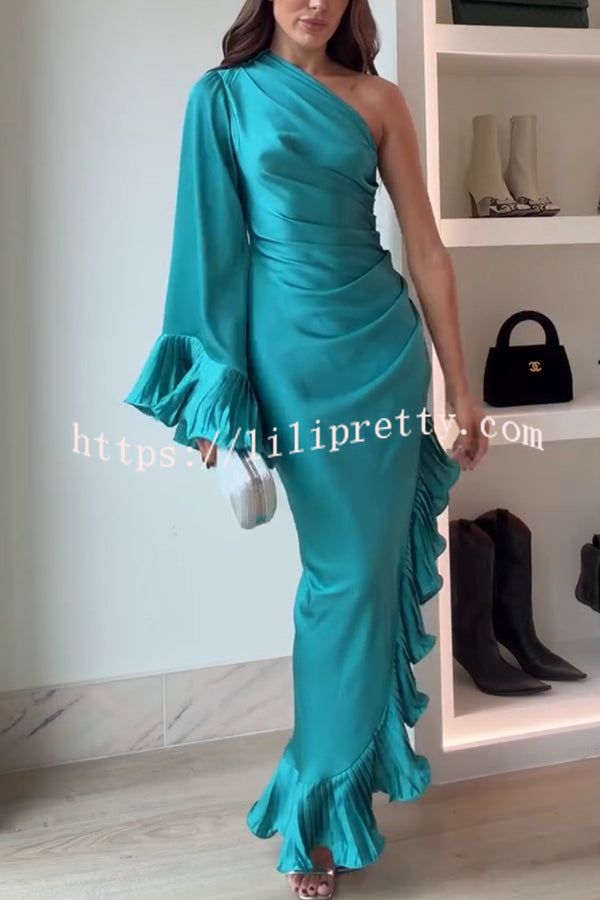 Elegant Satin One Shoulder Sleeve Pleated Ruffles Trim Ruched Asymmetrical Maxi Dress