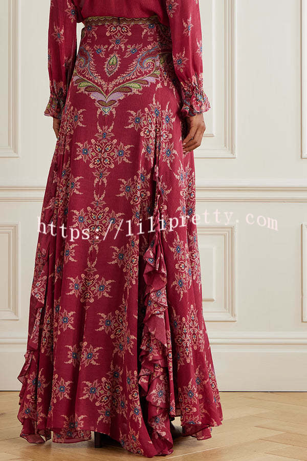Unique Printed Chiffon Long-sleeved Loose Shirt and Elegant Ruffled Maxi Skirt Set