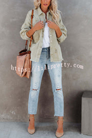 Stylish Lapel Long Sleeve Ripped Denim Jacket