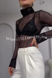 Shimmering Twilight Sequin Turtleneck Long Slit Sleeve H-line Blouse