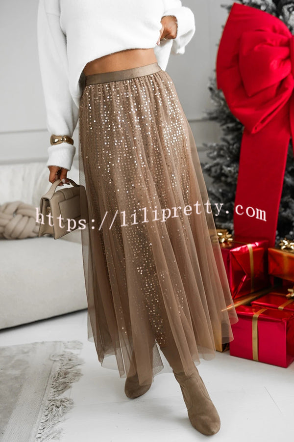 Party Daydream Sequin Tulle High Rise Elastic Waist Maxi Skirt