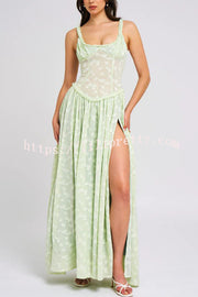 Garden Elf Lace Jacquard Textured Square Neck High Slit Maxi Dress