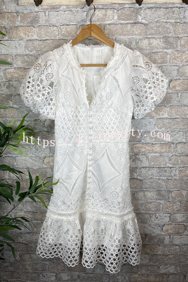 white crochet button front mini dress Ramy Brook Chelsea Crochet Button-Front Mini Dress