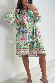 Floral Print Long Sleeve Lapel Loose Mini Dress