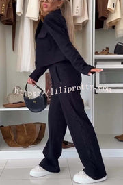Fashion Lace Panel Long-sleeved Crop Top and Elastic Waist Tie Pocket Casual Pants Set