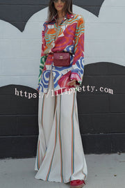 Ellah Satin Rainbow Stripe Print Drawstring Elastic Waist Pocket Wide Leg Pants