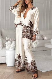 Botanical Print Loose Long-sleeved Shirt and Elastic Waist Pocket Casual Wide-leg Pants