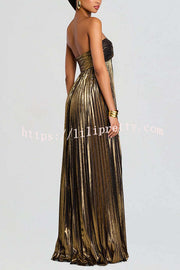 Metallic Sexy Tube Top Pleated High Slit Maxi Dress