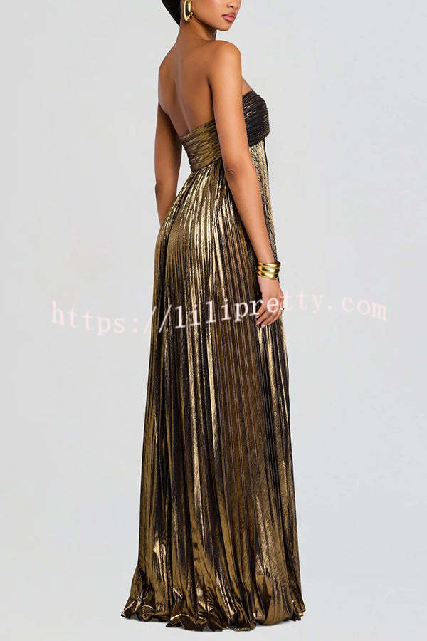 Metallic Sexy Tube Top Pleated High Slit Maxi Dress