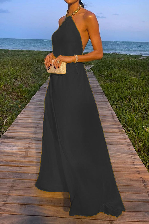 Lilipretty® Sunny in Santorini Metal Chain Halter Backless A-line Vacation Maxi Dress