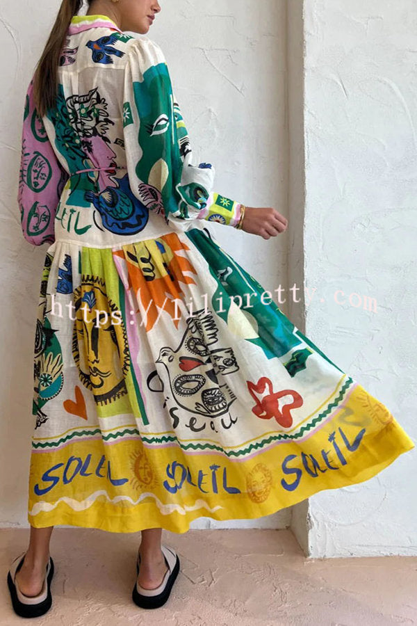 Boldness and Art Unique Print Balloon Sleeve Patchwork Shirt Midi Dress