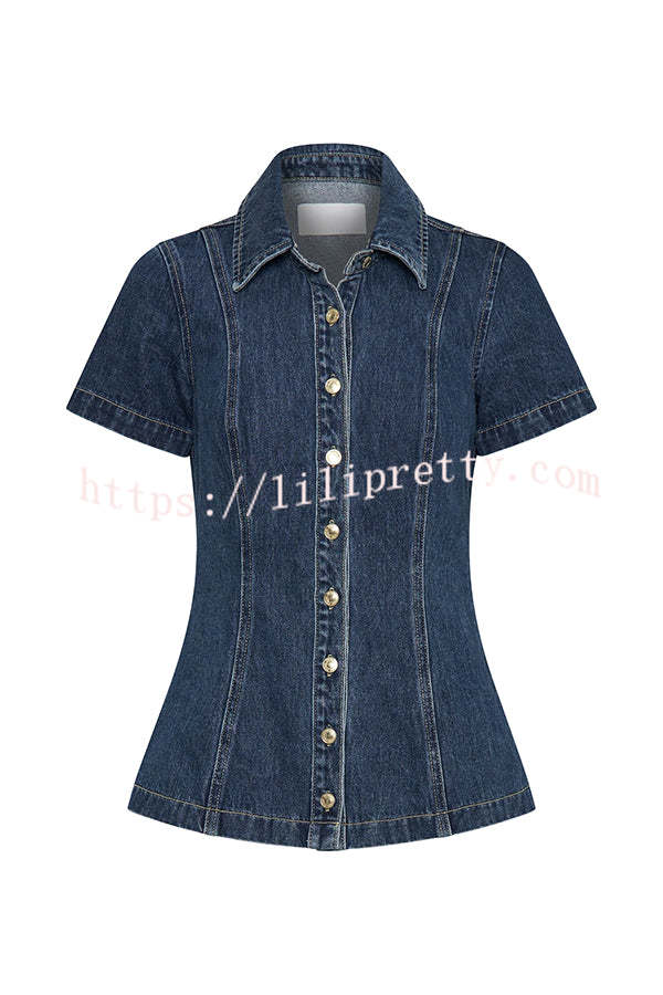 Modern Flavor Denim Short Sleeve Button Up Princess Seams Stretch Top