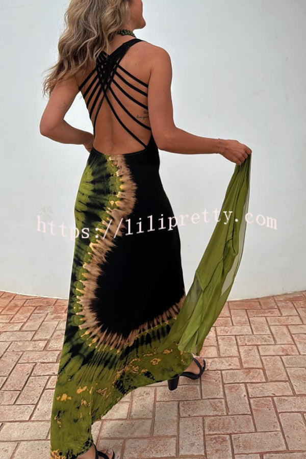 Summer Adventures Tie-dye Print Back Lace-up Stretch Maxi Dress