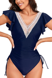 Fashionable V-neck Ruffled Flying Sleeves Stretch One-piece Swimsuit