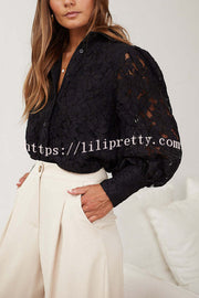 Sexy Hollow Lapel Casual Lace Shirt Top