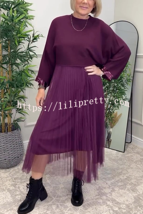 Fenna Ribbed Sequin Trim Batwing Sleeve Sweater and Pleated Tulle Stretch Tank Midi Dress Two-piece Set