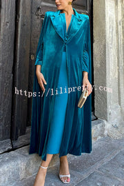 Olivienne Luxurious Velvet Padded Shoulders Slit Sleeve Lapel Midi Cape