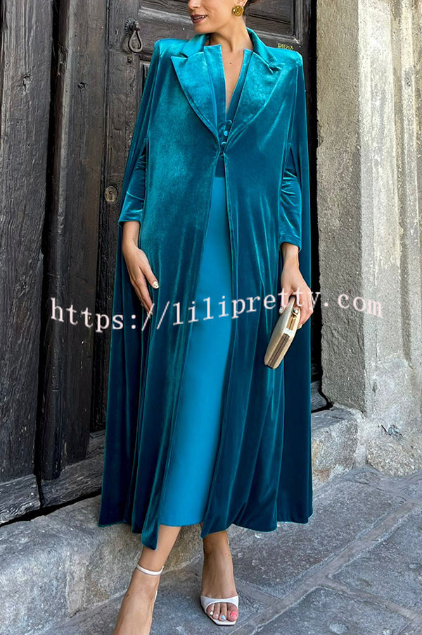 Olivienne Luxurious Velvet Padded Shoulders Slit Sleeve Lapel Midi Cape