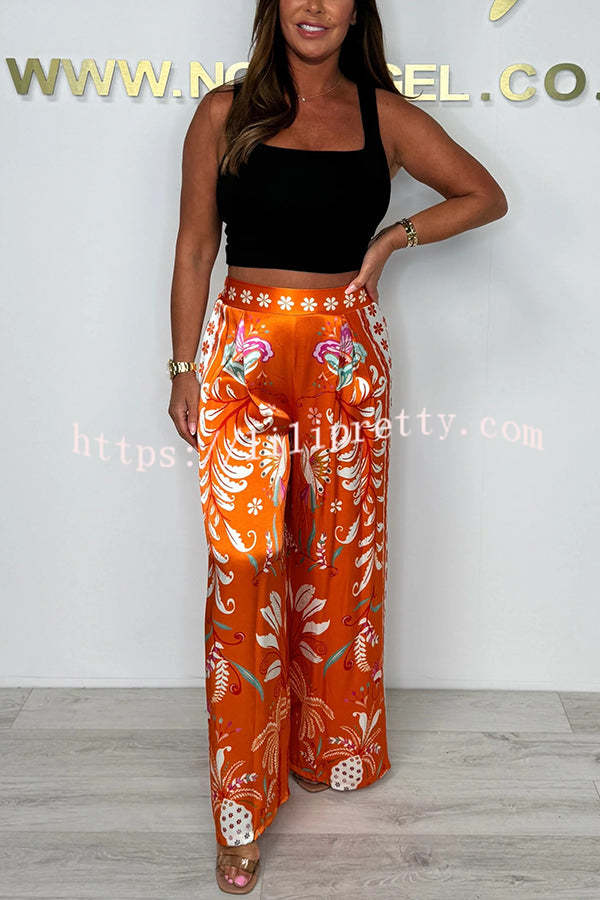 Satin Plant Print Elastic Waist Loose Wide Leg Pants