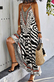 Zebra Print V-neck Open Back Loose Maxi Dress