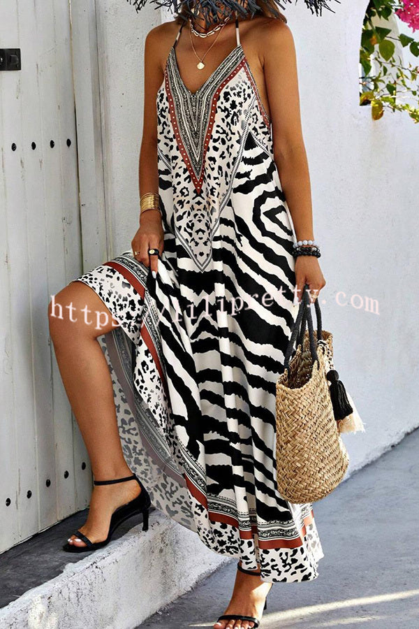 Zebra Print V-neck Open Back Loose Maxi Dress