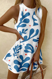 Blue Coral Print Sleeveless Resort Mini Dress