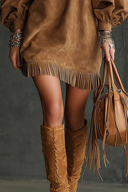 Solid Color Suede Loose Round Neck Lantern Sleeve Tassel Mini Dress