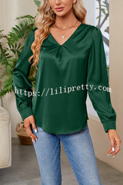 Satin Pleated V-neck Long-sleeved Loose Shirt