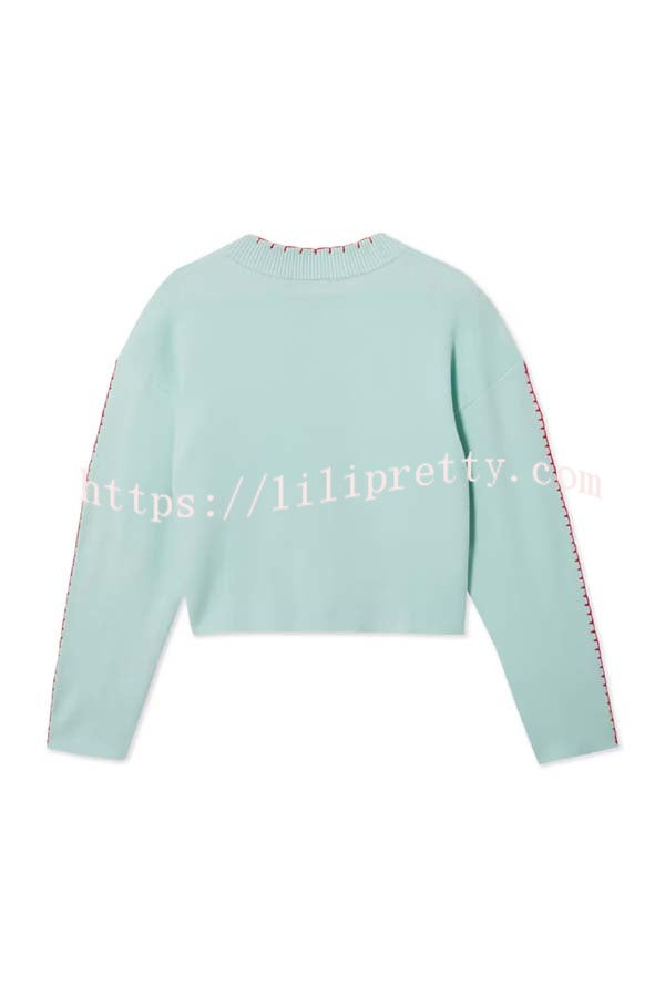Coastal Fashion Knit Octopus Graphic Contrast Piping Button Up Loose Cardigan