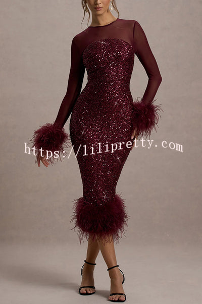 Glamor and Drama Mesh Sequin Patchwork Feather Trim Stretch Midi Dress