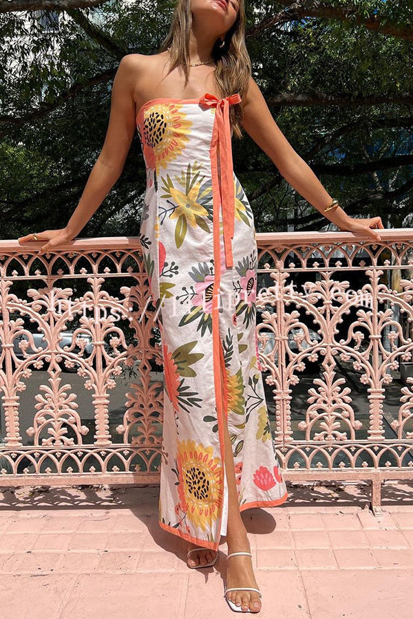 Inessa Linen Blend Floral Print Strapless Wrap Bow Maxi Dress