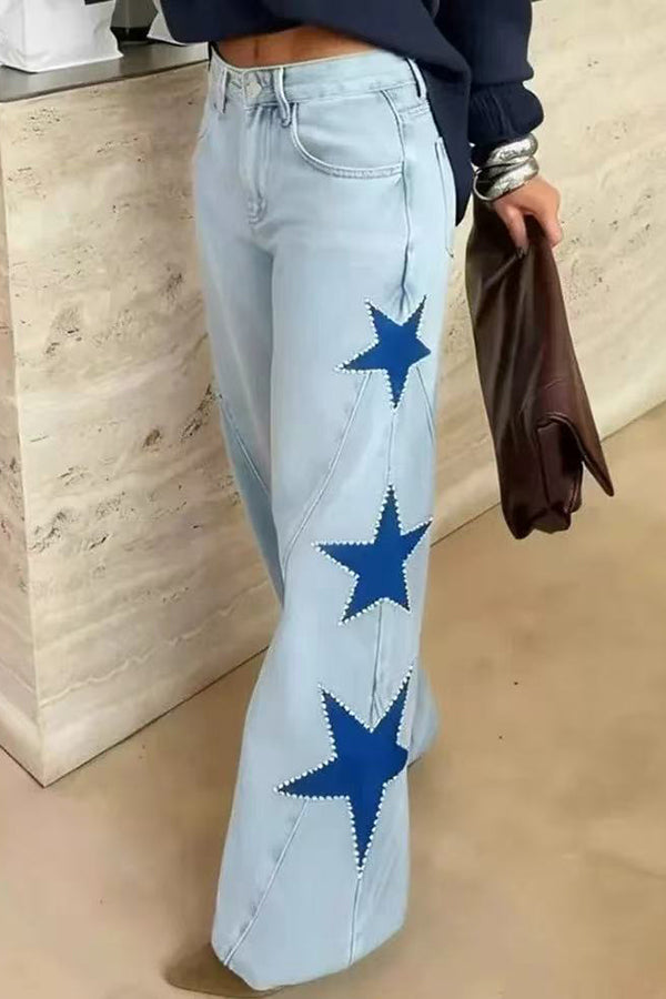 Jessy Denim Mid Rise Side Star Pattern Pocket Wide Leg Jeans