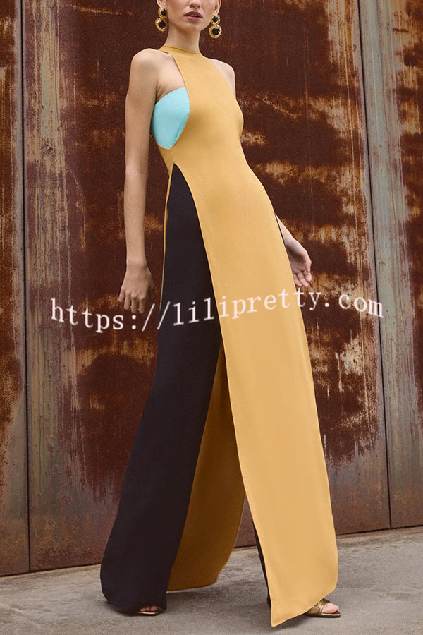 Fashionable Contrast Color Stitching Sleeveless Slim Maxi Dress