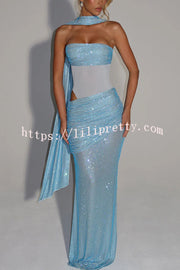Kailani Sequin Strapless Mesh Cutout Waist Ruched Scarf Maxi Dress