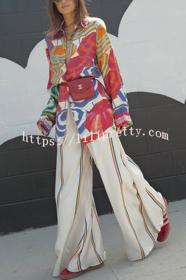 Ellah Satin Rainbow Stripe Print Drawstring Elastic Waist Pocket Wide Leg Pants