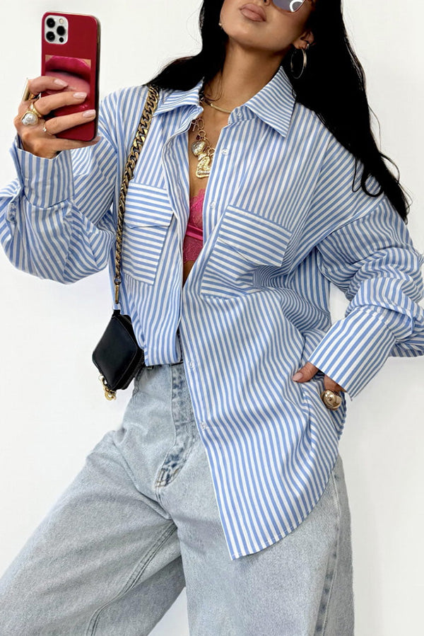 Stripe Print Lapel Long Sleeve Pocket Casual Shirt